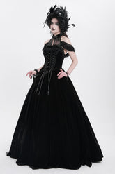 Black Off Shoulder Embroidery Lace Lace-Up Women's Gothic Gown Dress